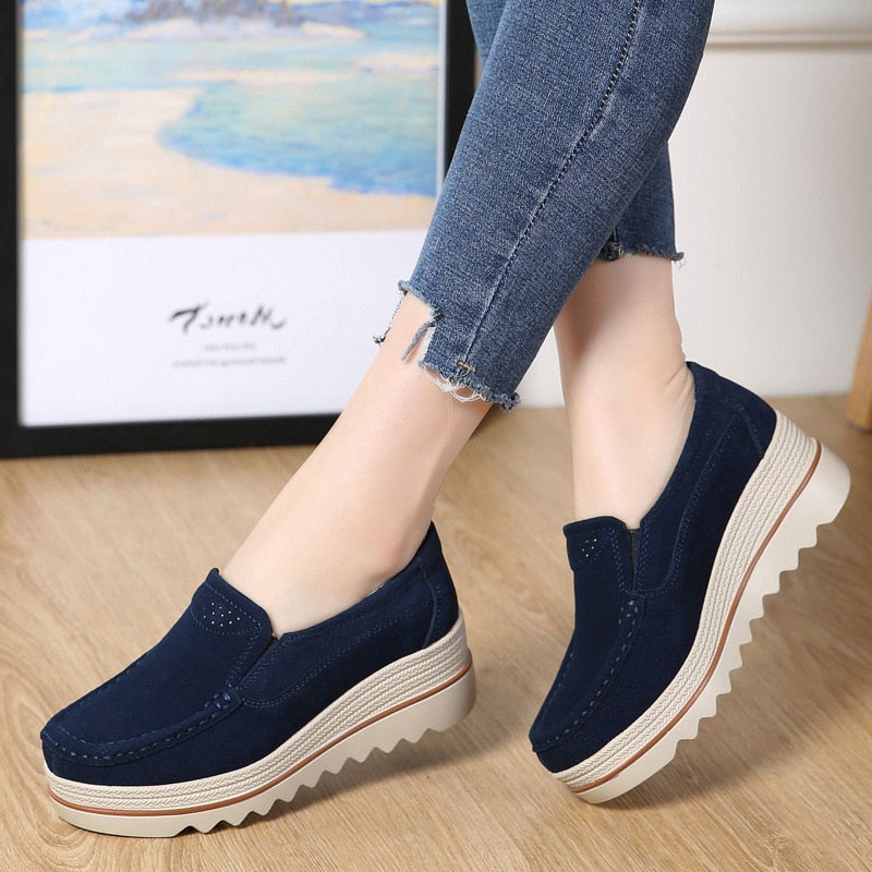 2019 Mulheres Primavera Apartamentos Sapatos Tênis de Plataforma Mulheres Sapatos de Camurça De Couro Sapatos Casuais Mulheres Mocassins Deslizar Sobre Mocassins Trepadeiras