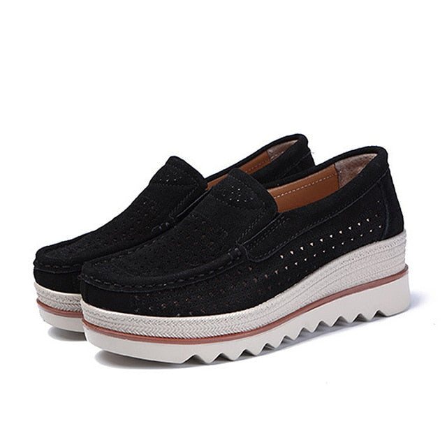 2019 Mulheres Primavera apartamentos sapatos de plataforma sapatilhas slip on flat oco senhoras mocassins creepers Mocassins de couro sapatos casuais mulheres