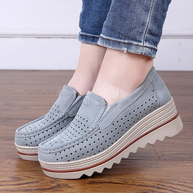 2019 Mulheres Primavera apartamentos sapatos de plataforma sapatilhas slip on flat oco senhoras mocassins creepers Mocassins de couro sapatos casuais mulheres