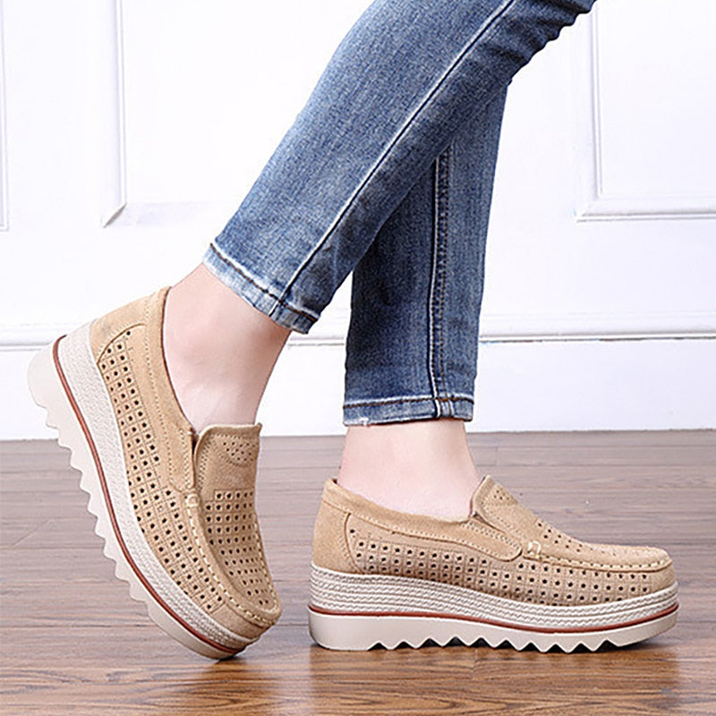 2019 Mulheres Primavera apartamentos sapatos de plataforma sapatilhas slip on flat oco senhoras mocassins creepers Mocassins de couro sapatos casuais mulheres