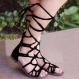 Mulheres Bandage Senhora Salto Alto Sandálias Botas Flat Sapatos de Verão fêmea Grande Tamanho Do Joelho Alta Gladiator Sandals 2019 New Plus Size