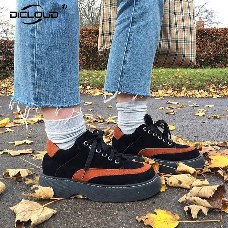 Primavera Outono Plataforma Trepadeiras para As Mulheres Ins Moda Camurça Patchwork Apartamentos Sapatos Meninas Harajuku Rua Chunky Sneekers Flats