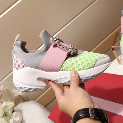 Prova Perfetto New air mesh cristal Formadores creeper sneakers mulheres sapatos casuais sapatos de plataforma fundo grosso strass tenis feminino